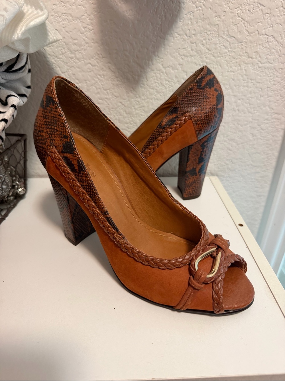 Only Burnt Orange Braided Peep-Toe Block Heels with Snakeskin Detail
